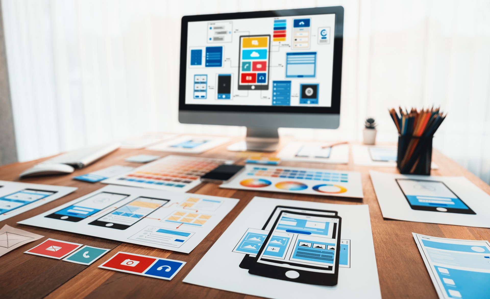 Digital wireframe design for web or mobile app UI on laptop. Scrutinize